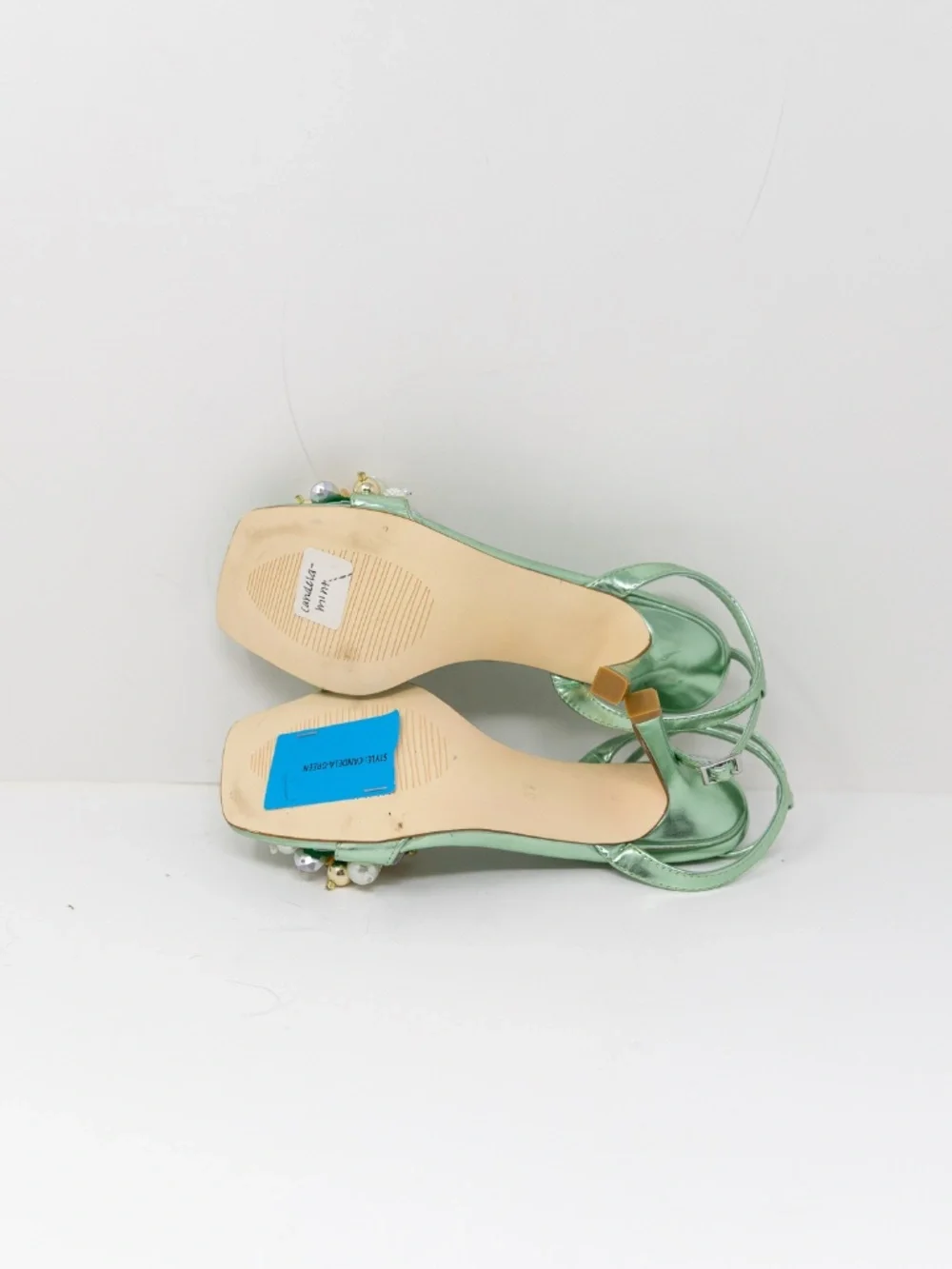 NEW Azalea Wang Candela Faux Leather Pearl Crystal Embellished High Heels Mint - Picture 4 of 4
